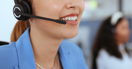 Image showing Headset, call center or woman talking, office or online help for consulting. Female agent, consultant or girl with microphone, conversation or advice for customer support, workplace or client service