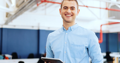 Image showing Businessman, face or digital tablet in coworking office on digital marketing schedule, web design app or advertising calendar. Portrait, smile or happy creative designer in technology vision planning