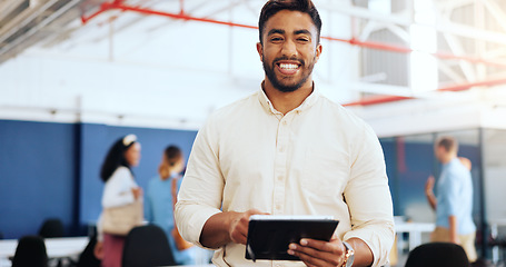 Image showing Tablet, planning and face smile of a businessman for web design, research and communication on mobile app. Website, happy and portrait of a designer on the internet for inspiration and ideas