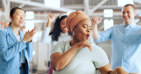 Image showing Business team, black woman and dance for success, happy celebration and achievement of goals. Dancing, energy and excited worker, winner and crazy comic workers in office to celebrate with motivation