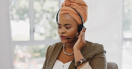 Image showing Face, customer service and black woman at call center consulting in office. Telemarketing, customer support or female sales agent, consultant and employee in communication, talking or speaking on mic