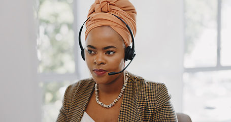 Image showing Face, customer service and black woman at call center consulting in office. Telemarketing, customer support or female sales agent, consultant and employee in communication, talking or speaking on mic