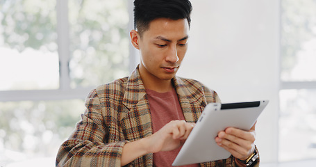 Image showing Digital tablet, research and Asian man in the office planning a creative design for marketing. Creativity, technology and male employee working on advertising project with mobile device in workplace.