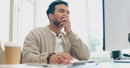 Image showing Asian man, face thinking and idea with computer, planning and brainstorming for success in programming. Tech startup worker, executive focus and solution with innovation by desktop pc in workplace