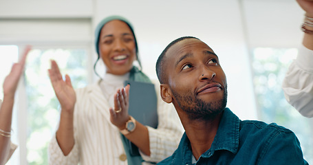 Image showing Success, applause and feedback, man in office at creative startup business with proud team. Congratulations, cheering and support for winner target achievement with employees clapping hands at desk.