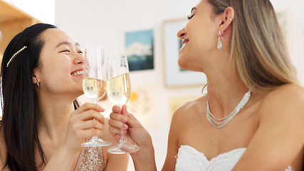 Image showing Wedding, bride and toast with a woman and her bridesmaid drinking champagne before a marriage ceremony or celebration event. Glass, cheers and celebrating with a young female laughing with a friend