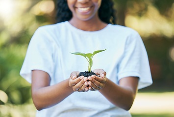 Image showing Black woman hands, plants and growth for earth day, sustainability and gardening, agriculture and farming hope. Green leaf, eco friendly and sustainable person with soil in palm for agro volunteering