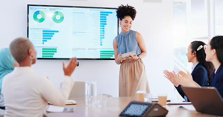 Image showing Business woman, seminar success and applause with tablet and screen, stats and ppt, infographic and team support. Thank you, business meeting with black woman speaker and marketing statistics