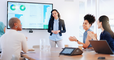 Image showing Black woman, presentation success and applause with screen, stats and ppt, infographic and team support. Thank you, business meeting with business woman speaker and seminar with marketing statistics