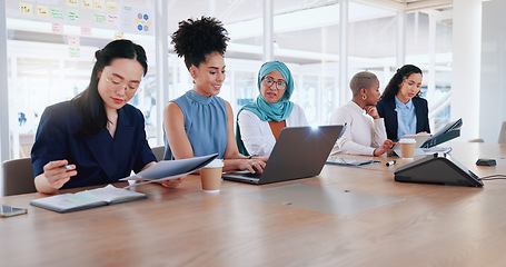 Image showing Laptop, documents and teamwork of business people in meeting. Planning, writing and group of women with computer and paperwork discussing sales, advertising or marketing strategy in company office