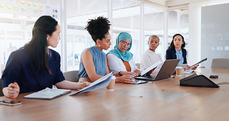 Image showing Laptop, documents and teamwork of business people in meeting. Planning, writing and group of women with computer and paperwork discussing sales, advertising or marketing strategy in company office