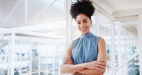 Image showing Happy, smile and face of business woman in office for management, leadership and vision. Professional, executive and future with portrait of black woman in startup agency for mindset, career or goal