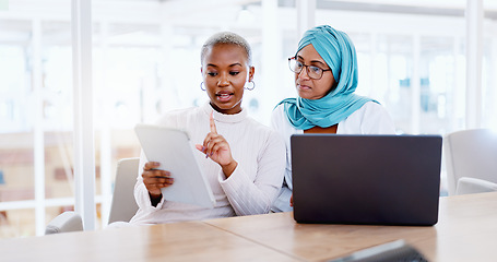 Image showing Business, women and explain with laptop, documents or update planning schedule, modern office or advertising agency. Coworkers, black female or Muslim lady speaking, brainstorming or confirm deadline