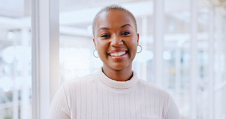 Image showing Happy, smile and face of business woman in office for management, leadership and vision. Professional, executive and future with portrait of black woman in startup agency for mindset, career or goal