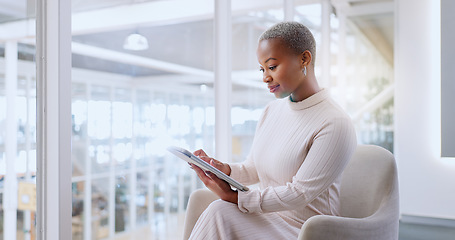 Image showing Tablet, and networking business woman in the office browsing on social media on break. Technology, professional and African female employee doing corporate research for a project with a mobile device