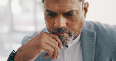 Image showing Laptop, digital agency or senior businessman thinking in office for website schedule, data analysis or internet research. Creative, calendar or eco reading email, planning contract or company growth