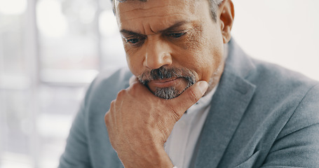 Image showing Laptop, digital agency or senior businessman thinking in office for website schedule, data analysis or internet research. Creative, calendar or eco reading email, planning contract or company growth