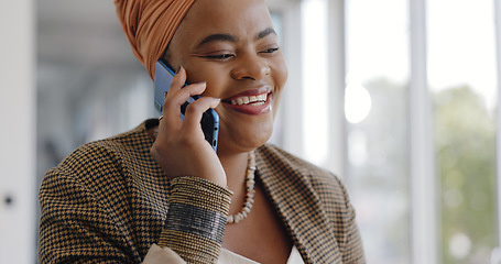 Image showing Business, black woman and smartphone for typing, social media and connection in office. Female entrepreneur, African American leader and ceo with phone for conversation, coffee and search internet