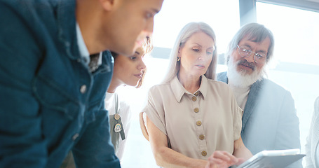 Image showing Business, team and woman in meeting, brainstorming and conversation in office. Staff, female leader and teamwork for brand development, digital marketing and collaboration for advertising campaign.