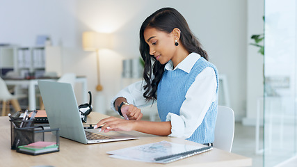 Image showing Business woman relaxing after finally finishing a deadline and working on a laptop alone at work. Pleased black female corporate professional done with a project and sending emails