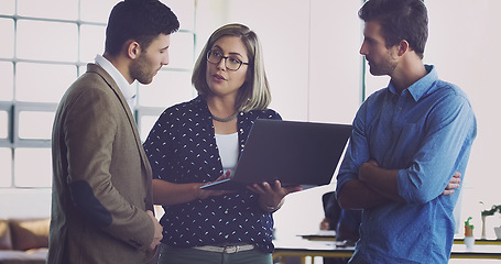 Image showing Laptop, teamwork collaboration and business people consulting for ideas, planning and startup vision. Employee group working with computer, management and review digital brand strategy on technology