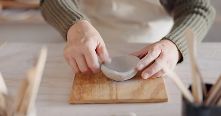 Image showing Clay bowl, woman hands and sculpture in artist studio, workshop and small business of creative product, craft and pottery. Ceramic designer, artisan and creation class, mold form and handmade process