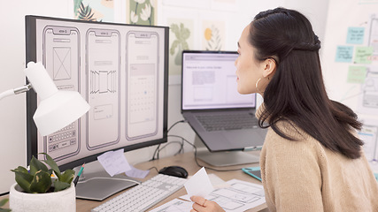 Image showing Computer, design and phone with a business woman planning an application development in her office at work. Creative, technology and innovation with a female designer working on app software