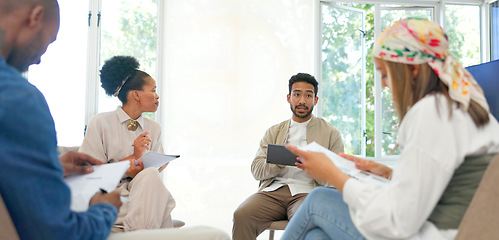 Image showing Businessman, talking or answer hands in diversity workshop, training or feedback on tablet or paper. Collaboration, teamwork or strategy planning question for mentor with technology in review meeting