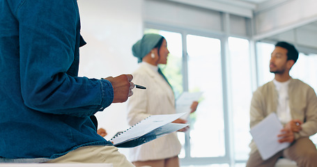 Image showing Business woman, question and mentor in training, workshop or collaboration in diversity growth, target or teamwork goals. Happy speaker, talking and leadership on paper documents for office education