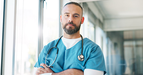 Image showing Healthcare worker, face or thinking nurse with arms crossed in hospital surgery ideas or life insurance vision. Portrait, man or medicine employee in trust innovation, help or medical wellness goals