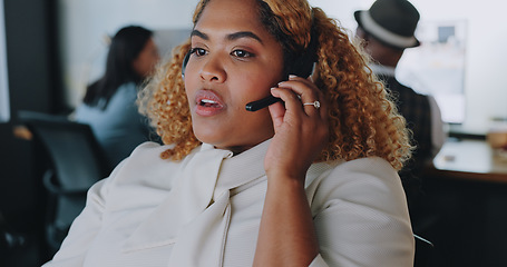Image showing Call center woman, communication and explain for customer service, help and advice in office for career. Black woman, crm expert or consultant for contact us, customer support and consulting clients
