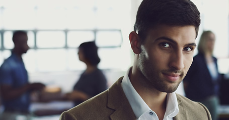 Image showing Portrait, mockup and business man in an office focus and serious about startup or company at work. Entrepreneur, leader and face of corporate professional employee or worker at the workplace