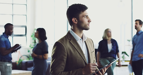 Image showing Tablet, research or business man thinking of social network feedback, customer experience review or ecommerce idea. Brand monitoring, online database or media worker review of online survey analytics