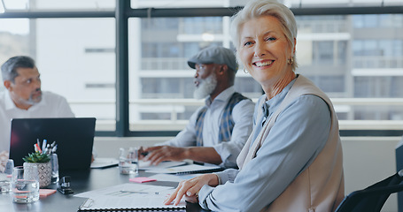 Image showing Face, leadership and senior woman in meeting for sales, marketing or advertising strategy. Portrait, ceo and female entrepreneur with vision, mission or success mindset in office with business people