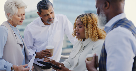 Image showing Business people, collaboration and discussion with diversity and tablet, folder and paperwork for project management. Conversation, leadership and senior executive on rooftop with business meeting.