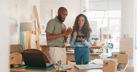 Image showing Teamwork, business people or working on tablet planning, collaboration or marketing SEO analytics in office. Tech, employees or manager consulting employee on research, web design or data analysis