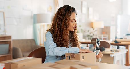 Image showing Delivery boxes, black woman shipping package or ecommerce sale with supply chain, logistics or courier product in retail shop. Woman, retail sales worker or design store manager for commercial export