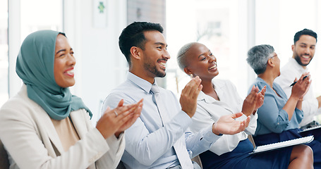 Image showing Diversity, business people and applause presentation, employee support and happiness in office. Interracial teamwork, clapping hands and audience smile for workshop achievement or goals celebration