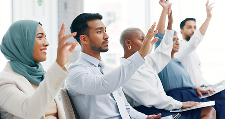 Image showing Hands, audience and questions during a presentation by business people discussing goal in meeting. Hand, training and team share goal, mission and planning in business meeting, conference or workshop