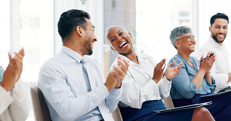 Image showing Diversity, business people and applause presentation, employee support and happiness in office. Interracial teamwork, clapping hands and audience smile for workshop achievement or goals celebration