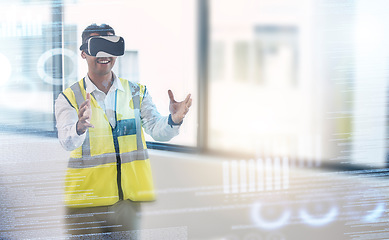 Image showing Construction, futuristic and architect with VR and man, digital transformation and metaverse with architecture. Virtual reality goggles, future technology overlay and building with hologram and 3D