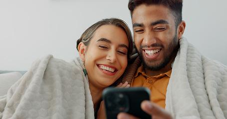 Image showing Happy, couple with phone for communication, networking or social media app at home. Movie, video or love man and woman relax in living room streaming online, internet or website with smile in house