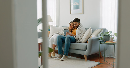 Image showing Couple, happy or tablet for communication, networking or social media app at home. Movie, video or love man and woman relax in living room streaming online, internet or website with smile in house