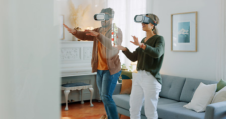 Image showing Vr gaming, young couple and virtual headset for metaverse experience at home playing game or interactive movie. Futuristic technology, 3d and virtual reality man and woman online for cyber fantasy