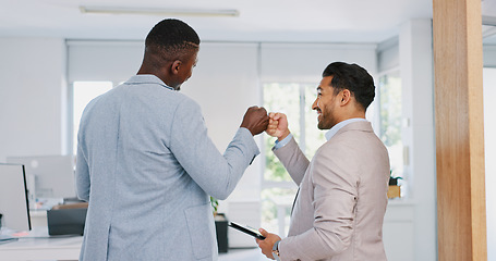 Image showing Fist bump, team building or men walking in office building with sales mission, business goals or motivation to work. Partnership, morning or happy employees with support, trust or vision for success