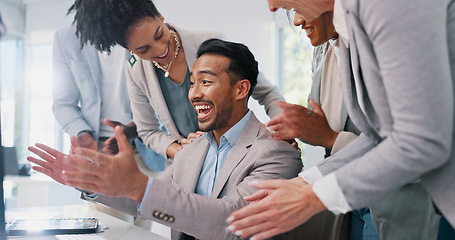 Image showing Businessman, team support and thank you with applause for success, celebrate and congratulations with diversity. Solidarity in workplace with respect, promotion bonus and business people community.