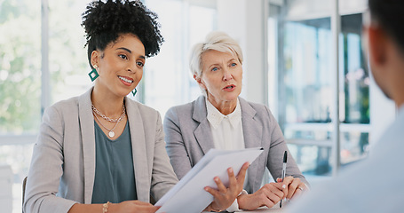 Image showing Teamwork, documents and women in business meeting for planning, strategy and marketing report. Collaboration, management and professional workers in discussion with paperwork, review and proposal