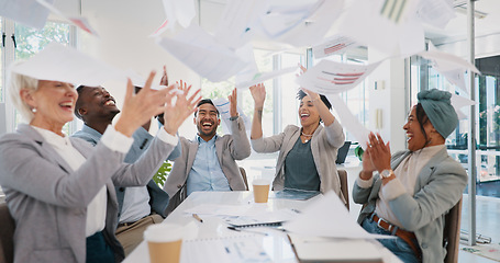 Image showing Business people, throwing paper or success meeting in winner finance planning, company growth goals or target motivation. Happy smile, flying documents or excited financial teamwork in diversity kpi