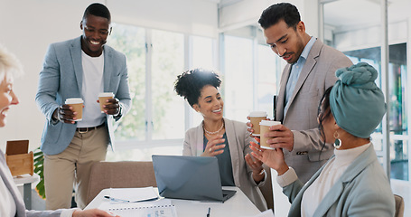 Image showing Business people, coffee or diversity meeting on laptop in company finance planning, investment strategy or target paper analytics. Happy smile, financial workers or collaboration technology and drink