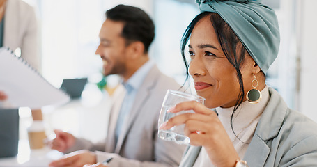 Image showing Business woman, drinking water and smile on face while in a corporate meeting for planning a collaboration with a team. Female entrepreneur happy and thinking about idea while at workshop or training